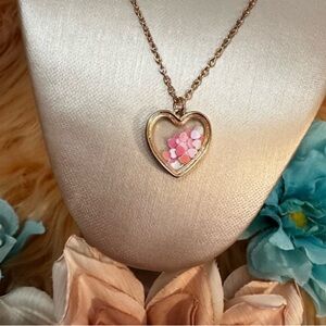 Heart Pendant Necklace With Encased Floating Pink Hearts NEW!